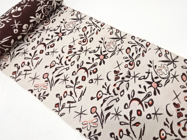 JAPANESE KIMONO / ANTIQUE BOLT FOR HASSUN OBI / WOVEN BUTTERFLY & FLORAL PLANTS